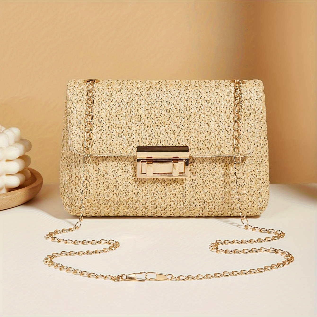 TEMU Casual Woven Handbag, Simple Solid Color, High-quality Daily Fashion, Shoulder & Crossbody Bag With Chain Strap