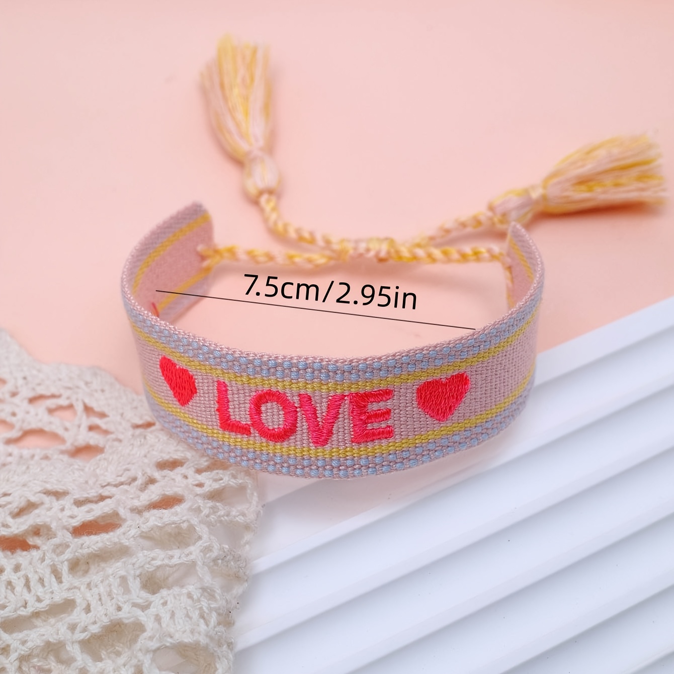 Handcrafted Vintage Tassel Bracelet with Embroidered Hearts