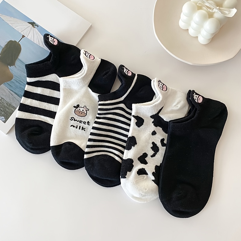 

3/5 Pairs Of Teenager's Trendy Cow Milky Style Design Low-cut Socks, Comfy Breathable Thin Socks For Outdoor Wearing All Seasons Wearing