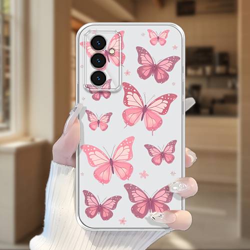 etui na telefon: modne przezroczyste etui na telefon odpowiednie dla for galaxy a04 a04s a05 a05s a06 a13 a14 a15 a16 a22 a23 a24 a25 a26 a32 a33 a34 a35 a36 a52 a52s a53 a54 a55 a56 s21 s22 s23 s24 fe s25 edge, minimalistyczne ochronne etui z różowym motylem i uroczymi małymi kwiatami