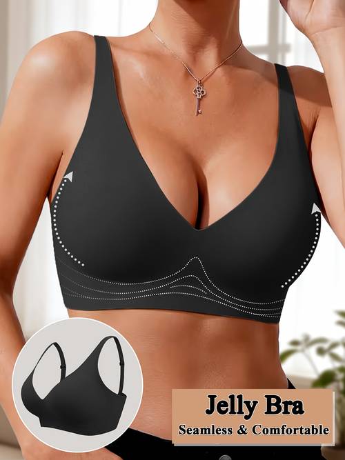 single piece womens comfortable jelly push up bra wire free with removable pads v neck adjustable straps suitable for daily wear occasions