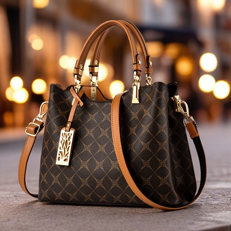 Image of Wo High Quality Top-grain Genuine Leather Handbag With Adjustable Strap- Large Capacity Geometric Print Handbag, Zipper Closure& Lining, In/dark Brown/wine Red/black For Work, Travel, Shopping, Work