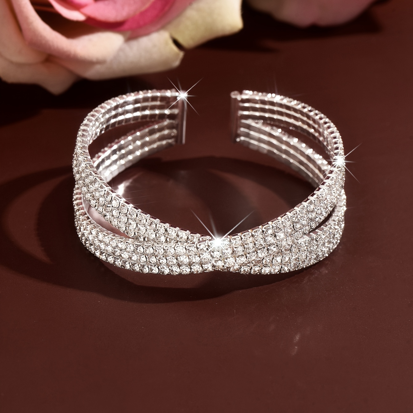 Women's Multi-Layer Crossed Rhinestone Bracelet and Ring Set