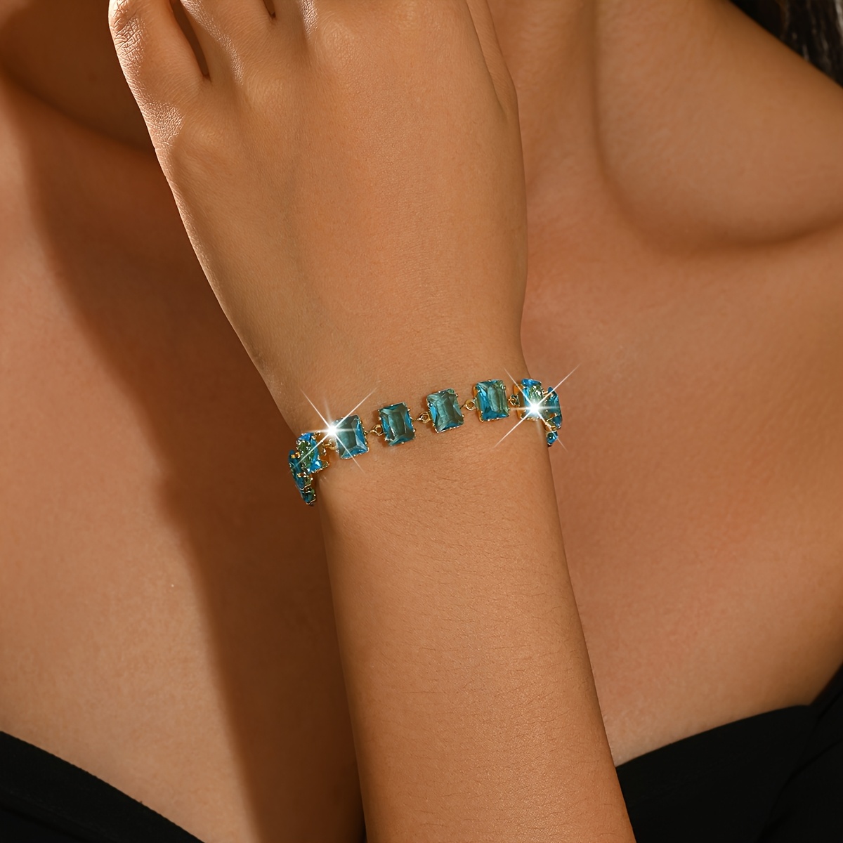 Light Luxury Sea Blue Square Chain Bracelet, Summer Accessory