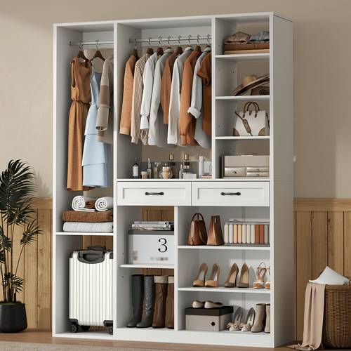 White Wooden Wardrobe Closet with Coat Rack, 2 Hanging Rods, Adjustable Shelves & 2 Drawers, 81 X 55 X 15 Tall Bedroom with Storage Compartment, Large Home Garment Closet Organizer