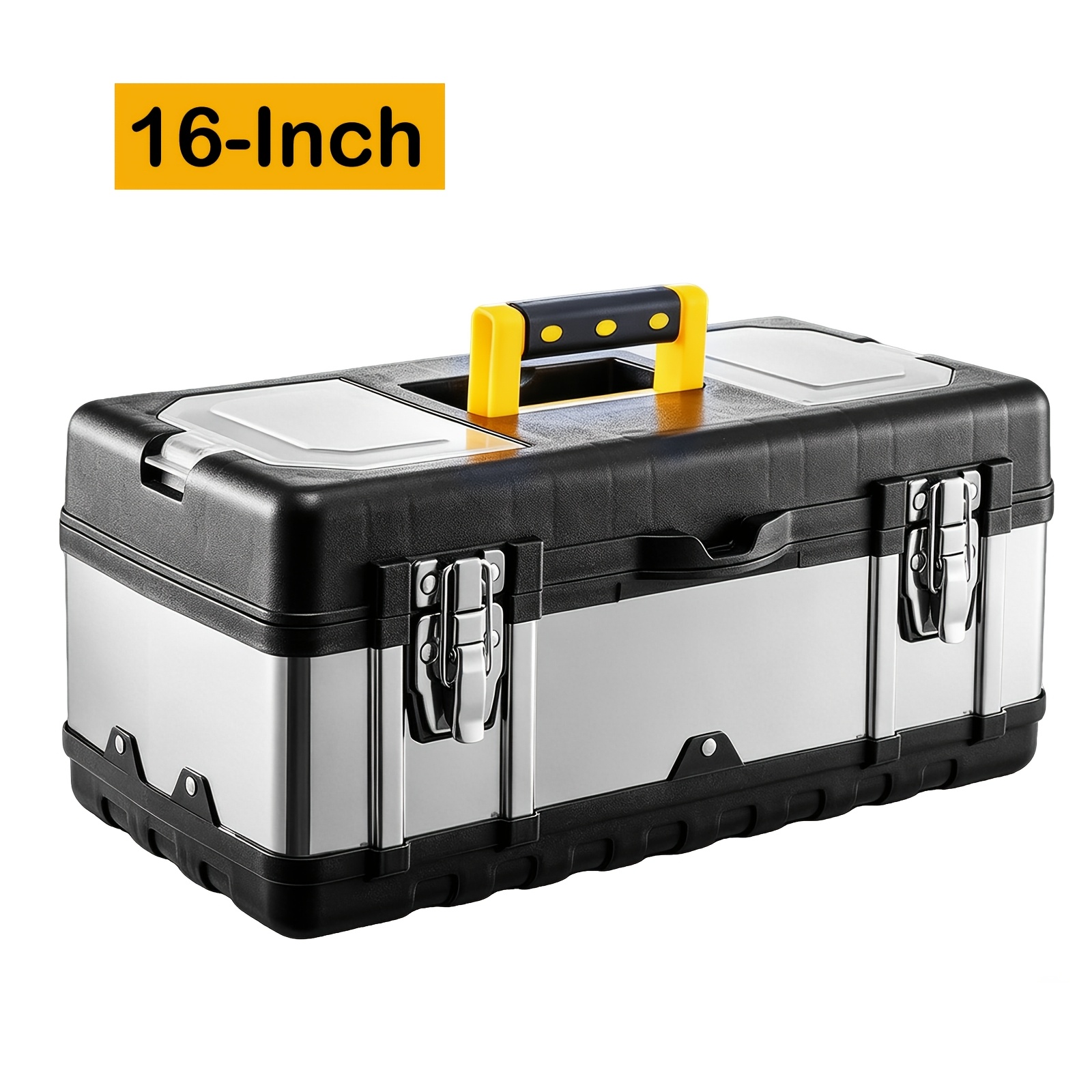 Stainless Steel Tool Box, 16-inch Heavy Duty Tool Storage Box With Removable Tray & Metal Latches, Portable Tool Organizer Case For Home, Garage, Workshop, Construction Site