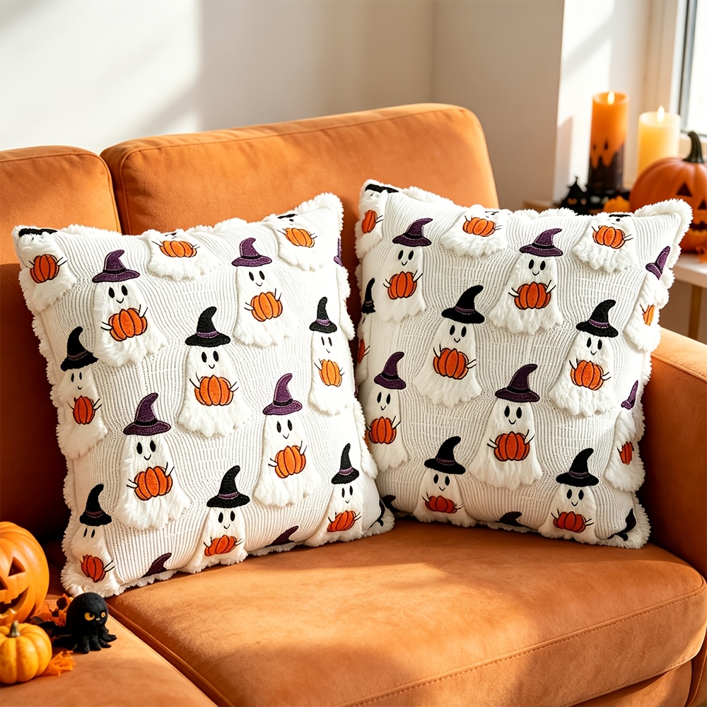 TEMU 2 housses de coussin en peluche pour Halloween, 18X18 pouces, Chapeau de avec décoration de citrouille, Housse de coussin douce et confortable,