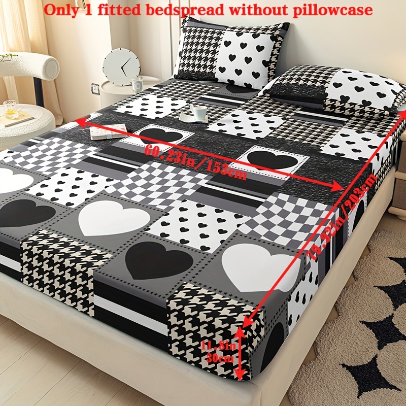 TEMU 1pc Fitted Sheet | Heart Pattern Printed Bedding, Polyester, Machine Washable, Suitable For Bedroom And , Without Pillowcase
