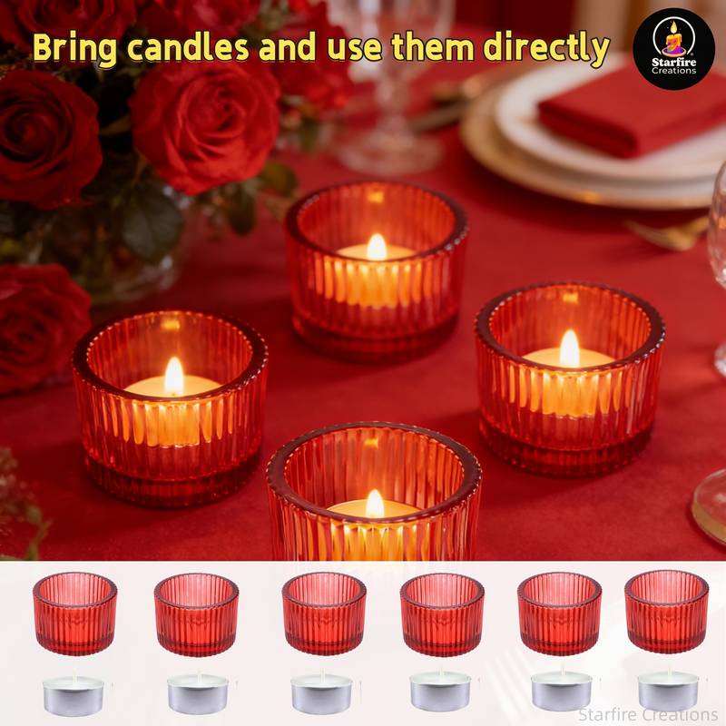 12pcs Candlestick And Candle Set, Including 6 Red Vertical-Grain Glass Candlesticks And 6 Candles, Suitable for Table Decoration, Glass Tea Light Candlesticks, Wedding Decoration, Valentine'S Day Party Decoration, And Tabletop Decoration 0