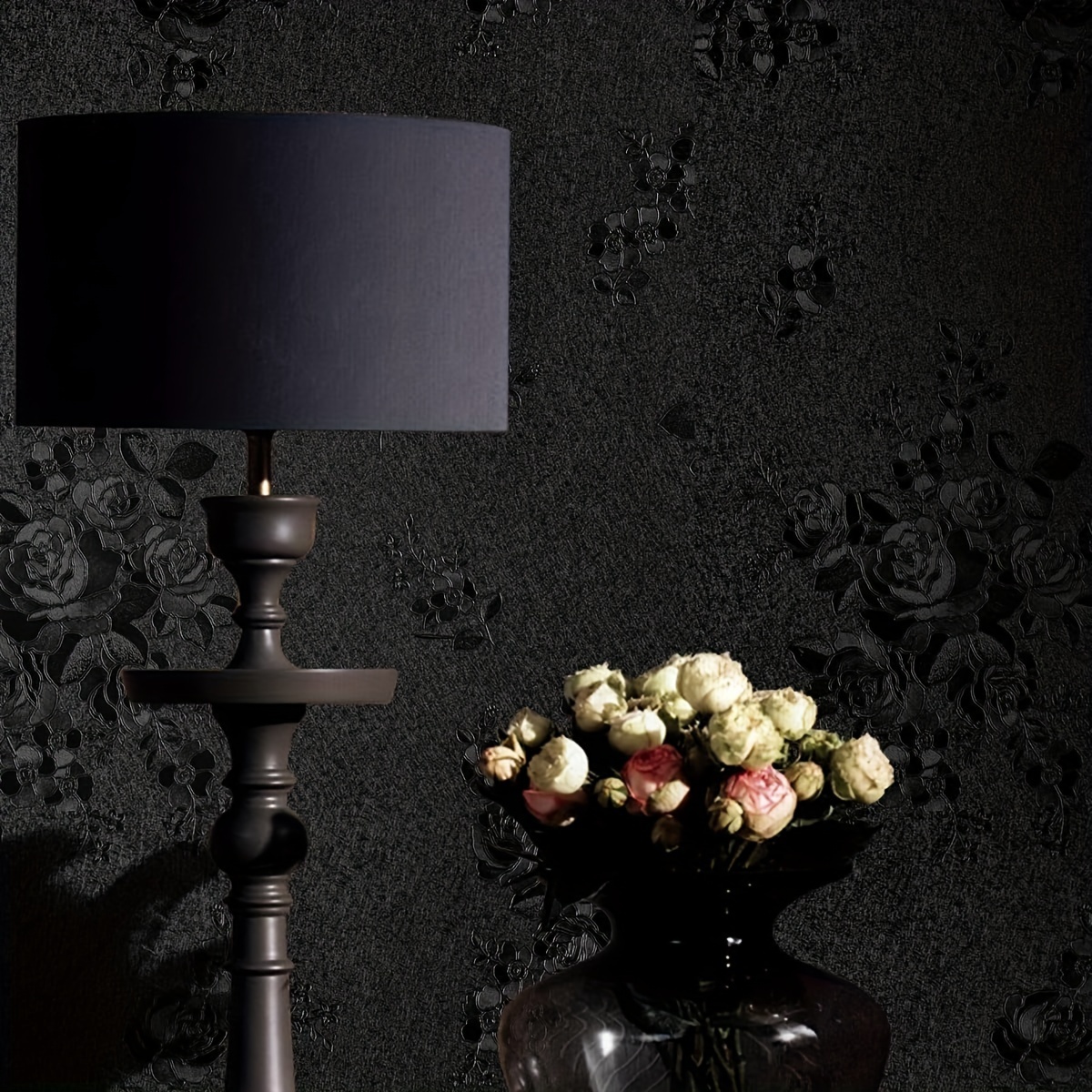 Black Floral Self-adhesive Wallpaper, And Stick, Black Flower On Solid Background, Suitable For Countertops And Surfaces, Removable Without Residue, Durable Vinyl Material, Easily Style