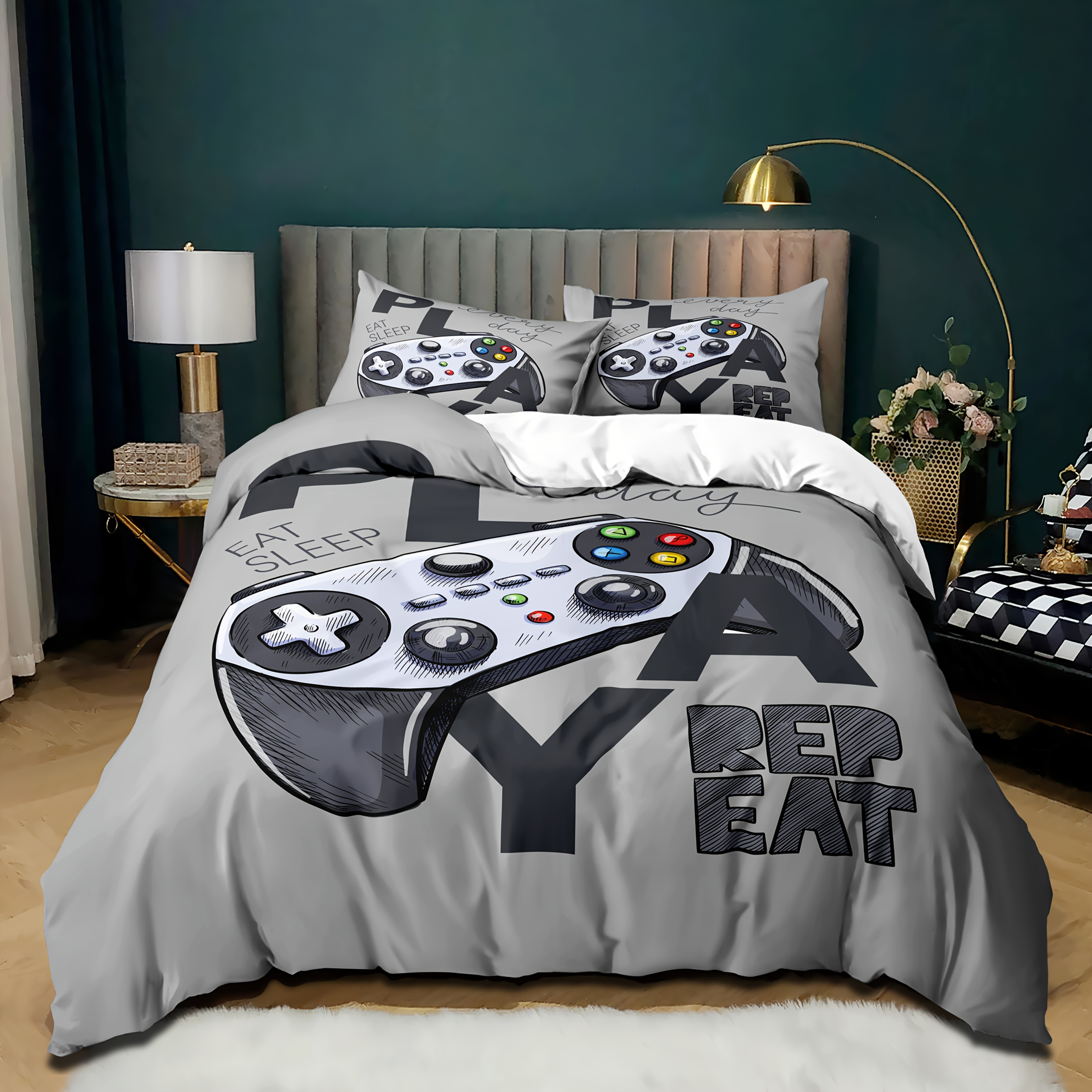 E-shop 3-teiliges Graues Game-Controller Bettwäsche-Set, Atmungsaktives 100% Bettzeug mit Reißverschluss, Maschinenwaschbar, Digital Bedruckte