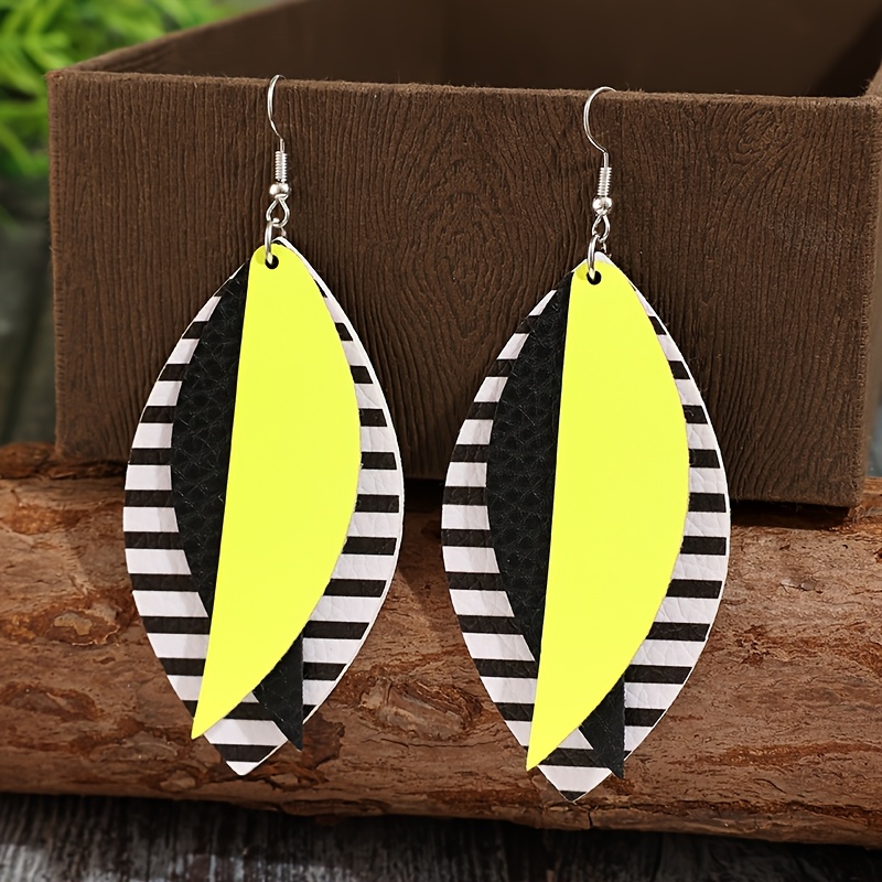 Women's Bohemian Yellow and Black Color-block Leaf Statement Earrings