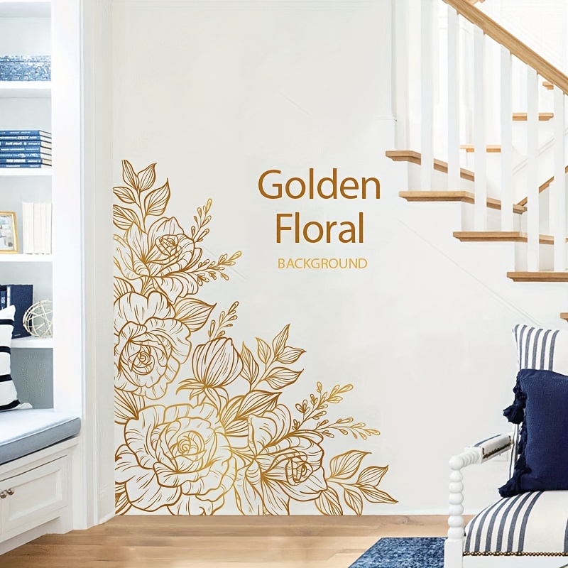 

Chic Golden Floral Self-adhesive Wall Decal - Removable Pvc Sticker For Bedroom, Closet & Home Decor, Classroom Construction, Bedroom