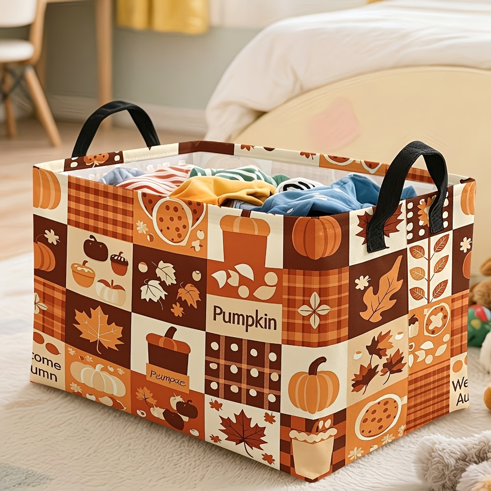 TEMU 1pc Collapsible Canvas Storage Basket With Plaid Pumpkin Maple Leaf Print - Fall Autumn Shelf Organizer Suitable For Clothes,, S,, Pantry, Shelf
