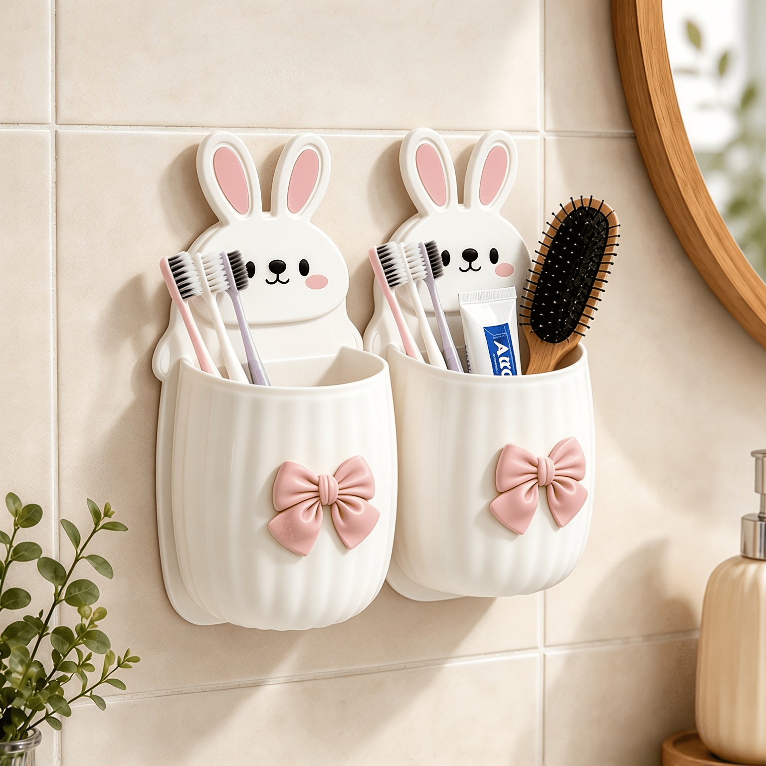 TEMU 2pcs Set Includes 2 Adorable Rabbit Storage Racks + 2 Decorations, Wall-mounted Toothbrush And Toothpaste Holder, Space-saving, Sweet Bathroom