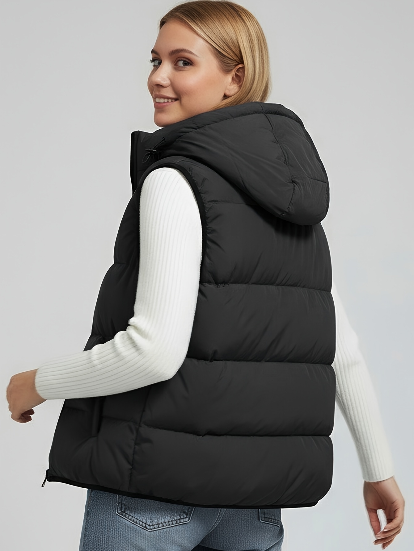 womens autumn winter solid color vest loose fit casual stand collar detachable hooded cardigan womens outerwear vest