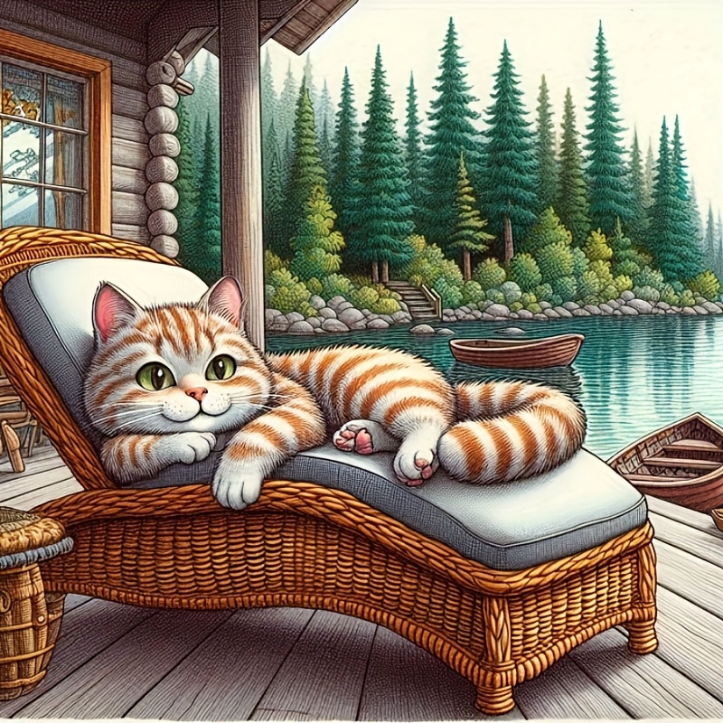 

1pc Diy 5d Diamond Painting Kit 30x30cm - Round Diamond Embroidery Art Of Charming Lakefront Cat - Acrylic Pmma Animal Theme Craft For Home Wall Decor And Gift