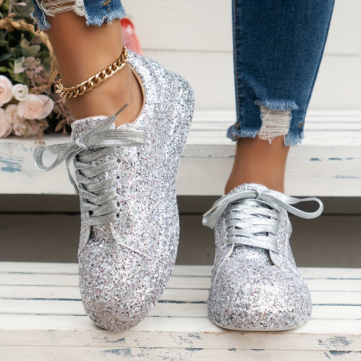 Silver Glitter Shoes Sparkly Womens Trainers Women's Glitter Round