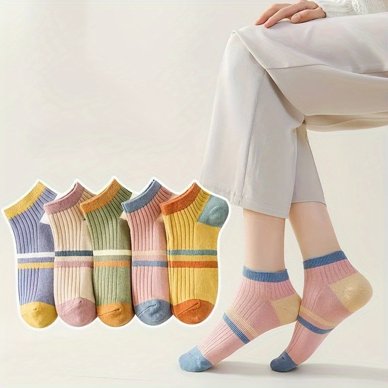 

5 Pairs Colorblock Striped Socks, Casual Japanese Style Short Socks, Women's Stockings & Hosiery