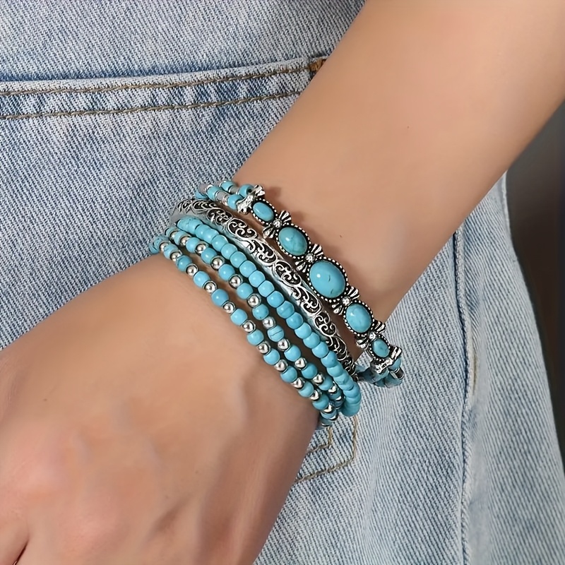 TEMU Un conjunto de 5 pulseras de aleación con de y cuentas de estilo bohemio vintage, ideales para el uso diario de las mujeres, perfectas como