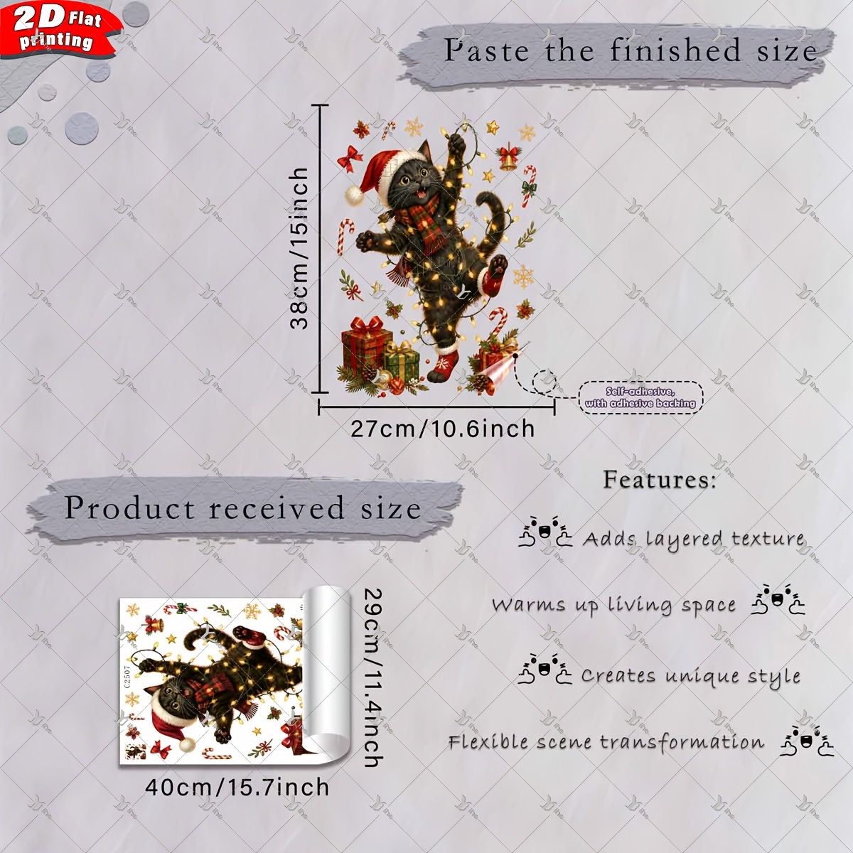 TEMU 2d Flat - 2d Flat - 1pc 2d Flat Printing Christmas Santa Hat Scarf Black Cat String Light Gift Box Candy Cane 30*40cm Window Sticker Creative