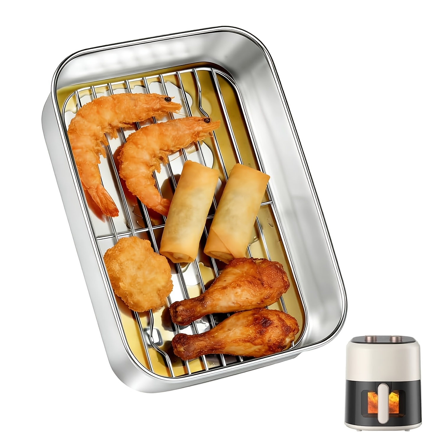Image of Stainless Steel Casserole Dish For Airfyer, Stainless Steel Rectangular Baking Mould, Oven Tray, Large Baking Mould, With Draining Rack,, Hot Air Fryer Mould