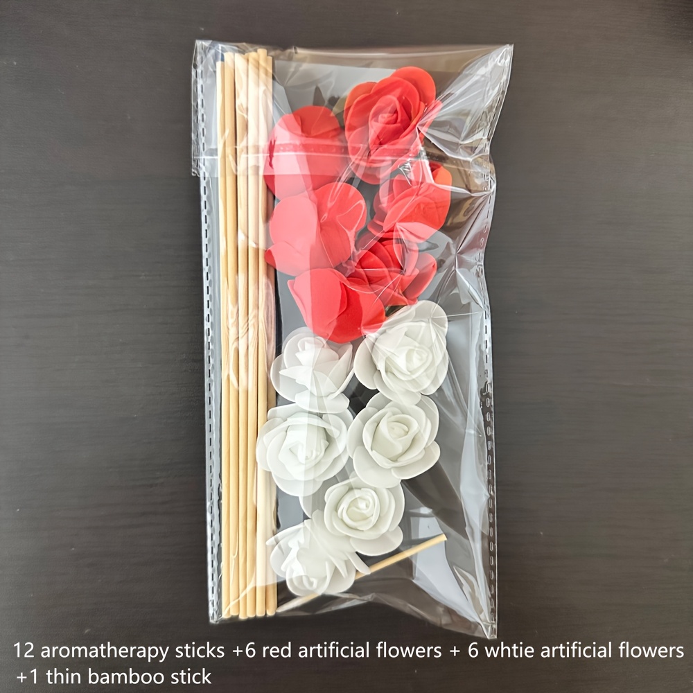 TEMU 25pcs Unscented Christmas Floral Diffuser Set With 12 Wooden Sticks & 6 Red/white Artificial Flowers - Microfiber Suitable For Home Decor,