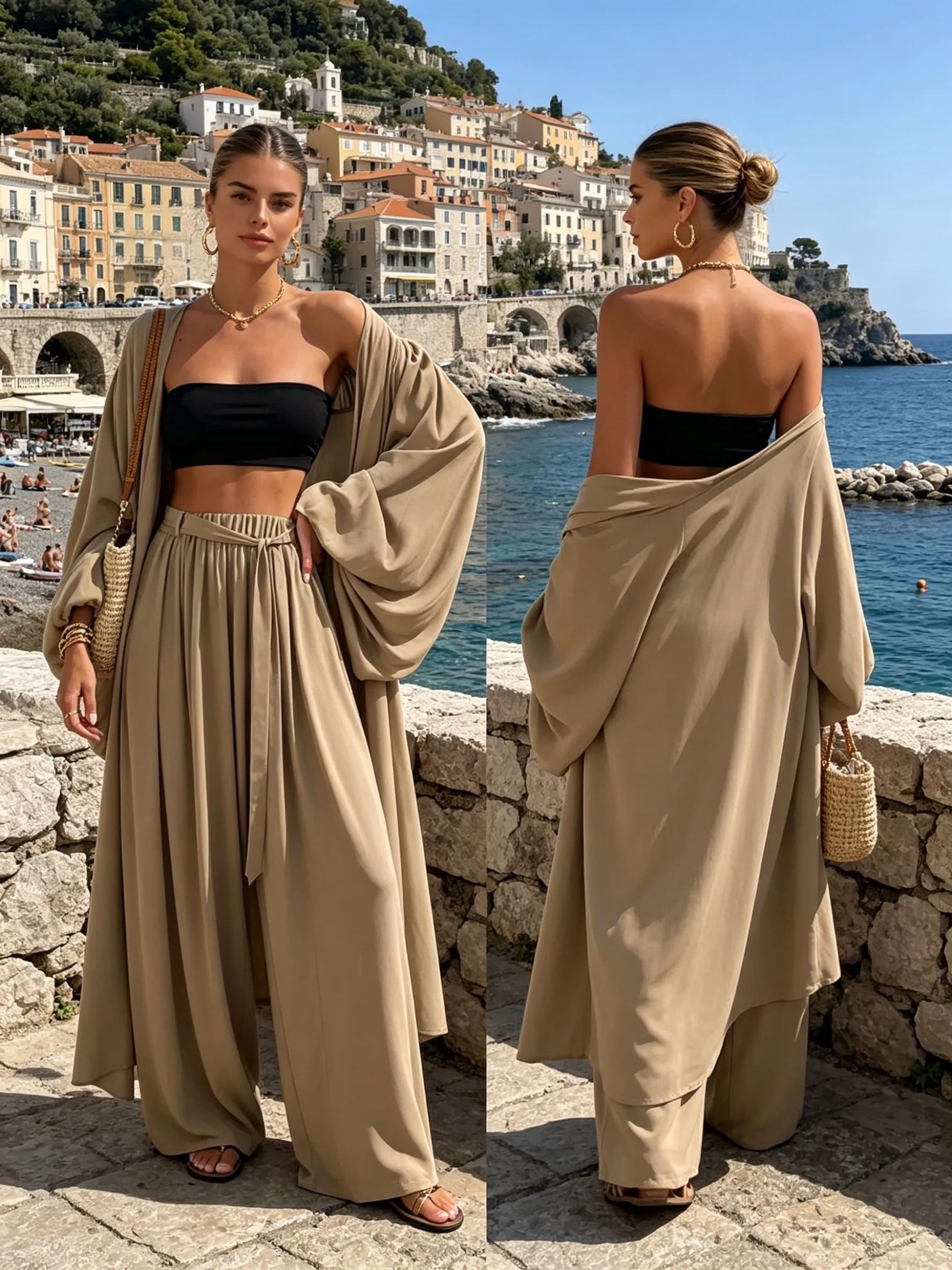 temu beach dresses Women'* 3pcs Set: Lantern Sleeve Long Cardigan, Short Tube Top, and Wide Leg Drawstring Trousers Length:75 Collar Type:OFF THE SHOULDER temu sunflower dress Marilyn Monroe There's No