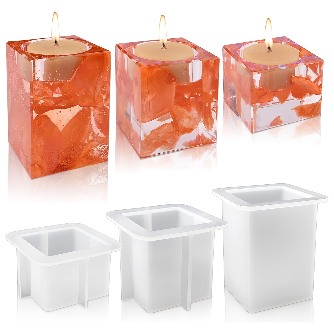 Image of 3pcs Square Tealight Candle Holder Silicone Molds, Candle Holder Resin Molds, Epoxy Resin Molds For Dining Table Centerpiece For Home Wedding Decorations