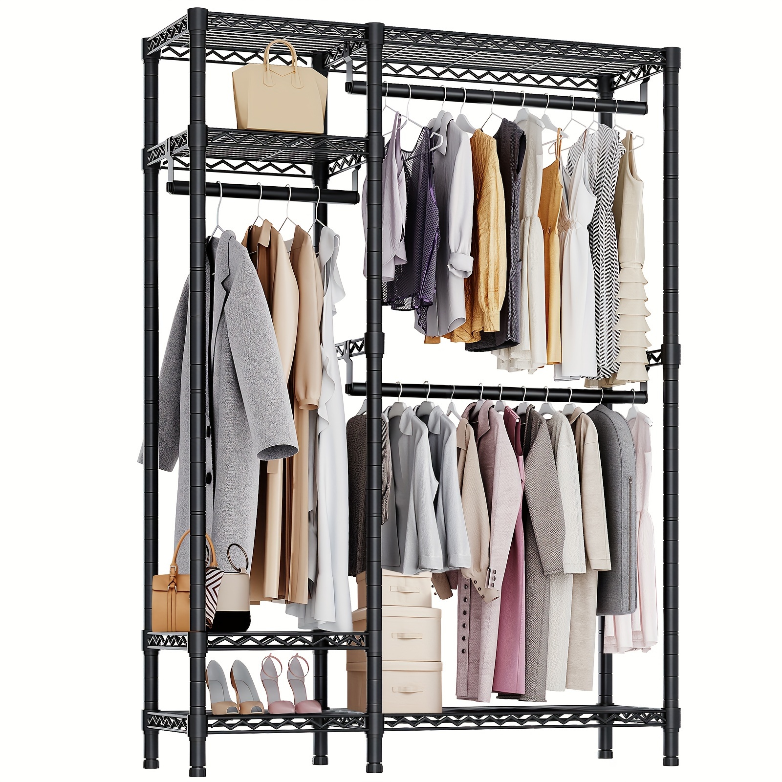 

Garment Rack, Heavy Duty Clothing Rack With 4 Tiers Adjustable Shelves And 3 Hanging Rods, Freestanding Metal Clothes Rack, Black