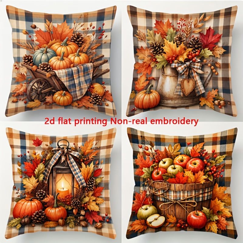 TEMU 4 Pack Fall Thanksgiving Pumpkin Plaid Pillow Covers - Double-sided Zipper Cushion Covers Suitable For Sofa Bed Chair Decor, Traditional Plaid