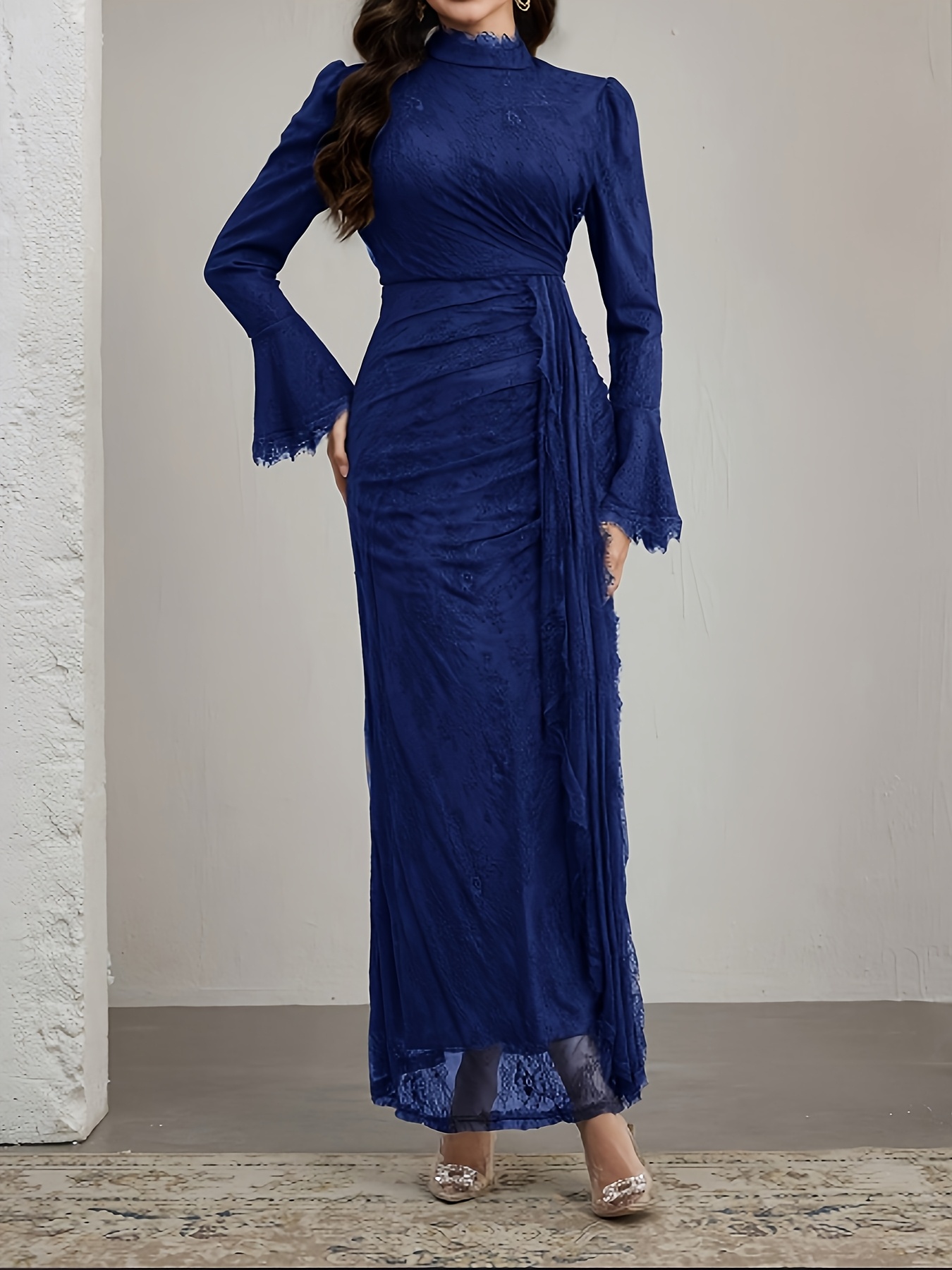 elegant long sleeve lace dress with ruffle neckline and belted waist stand collar long length suitable for     Product details 13