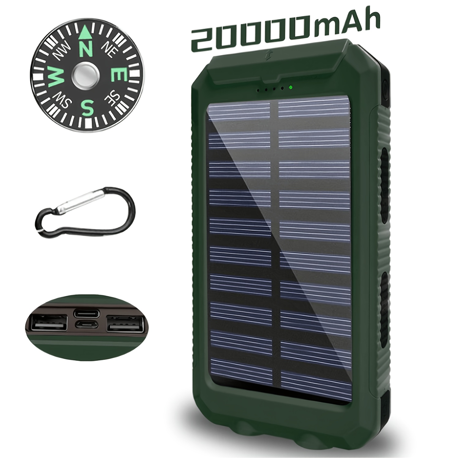 20000mah Portable Solar Power Bank, Portable Solar Mobile Phone Charger, Camping External Battery Charger For Mobile Phones, 2 Usb/ Led Flashlights With Compass For Outdoor Activities