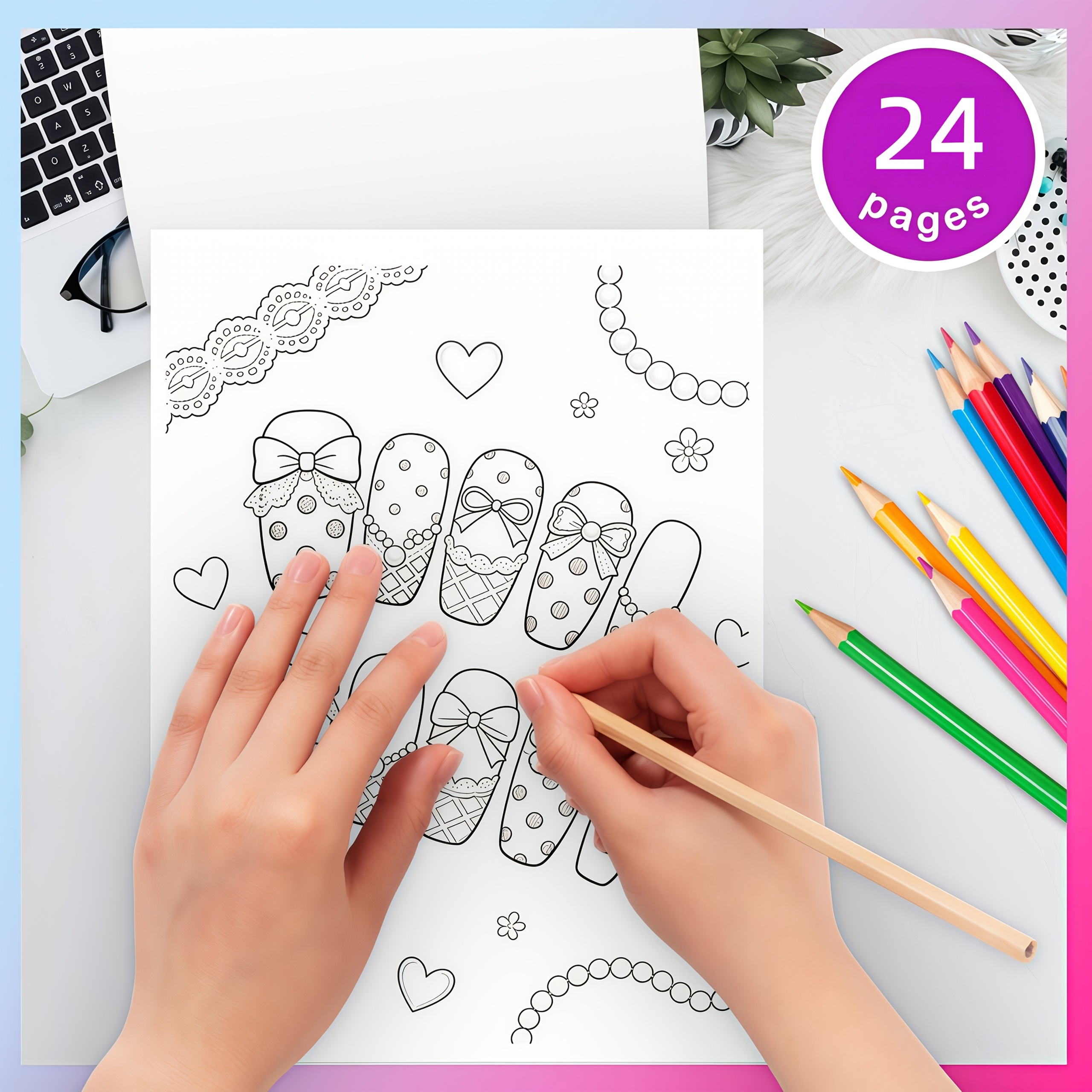 TEMU 1pc Coloring Book: Cute Lace Bow Nail Art - 28x21cm, 24 Pages. Sweet , Designed For And Girly Aesthetic Lovers, Stress, Ideal Gift For Birthdays