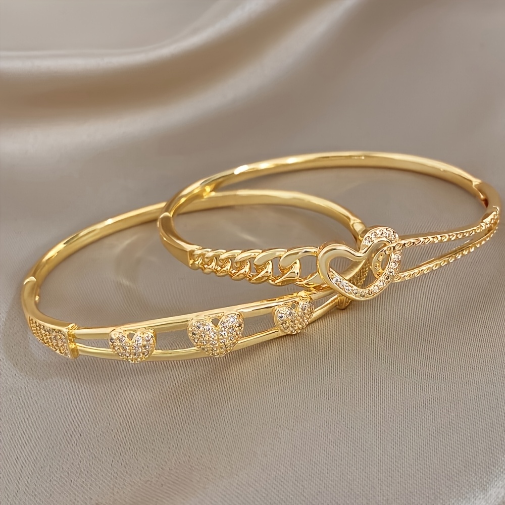 2pcs Romantic Hollow-Out Heart Bangle Set, Exquisite Design