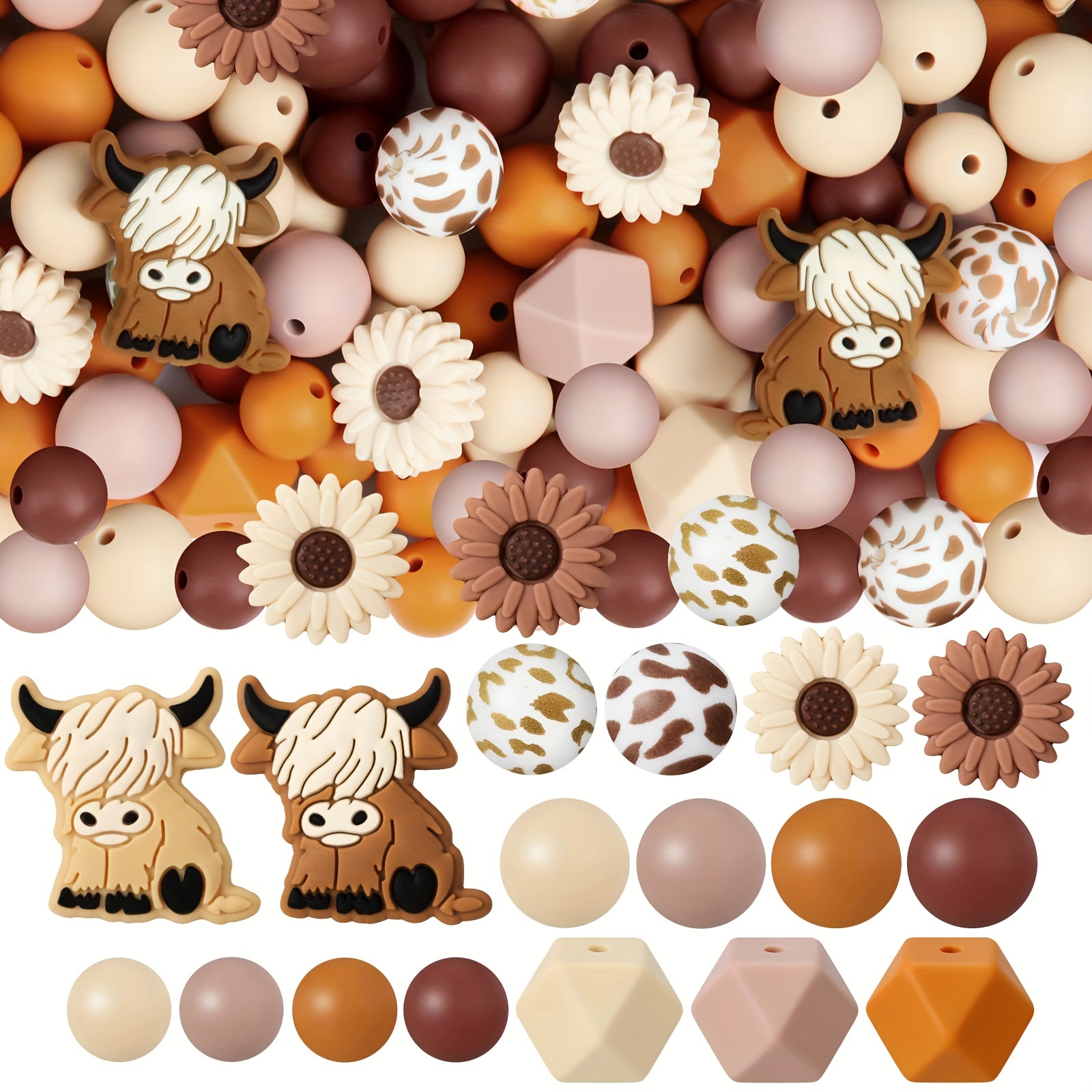 

100pcs Highland Cow Flower Silicone Beads Set - Diy Jewelry Making Kit For Bracelets, Necklaces, And Crafts