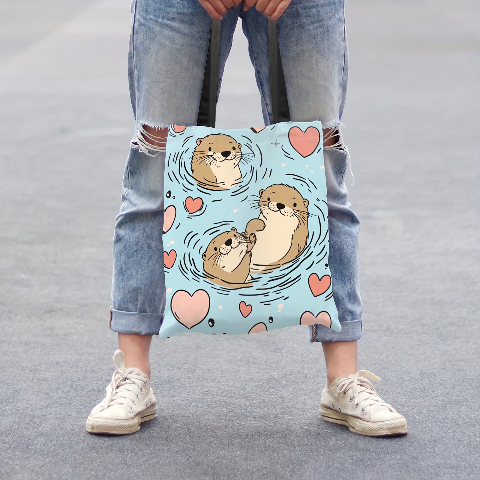 

1pc Cute Otter Print Tote Bag, For School, Grocery Shopping, Daily Use Tote Bag For Women, Small Tote Bag