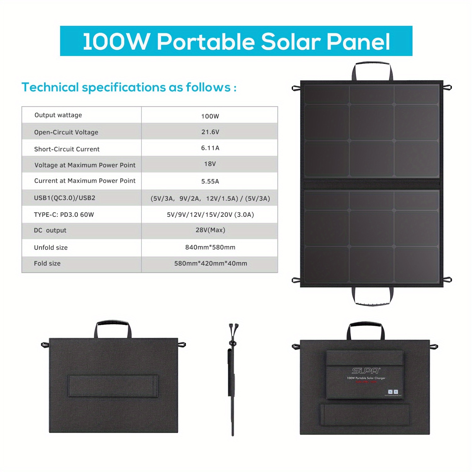 100w portable solar panel etfe foldable solar charger 25 high conversion   with usb interface   interface suitable for camping outdoor temporary charging Product details 0