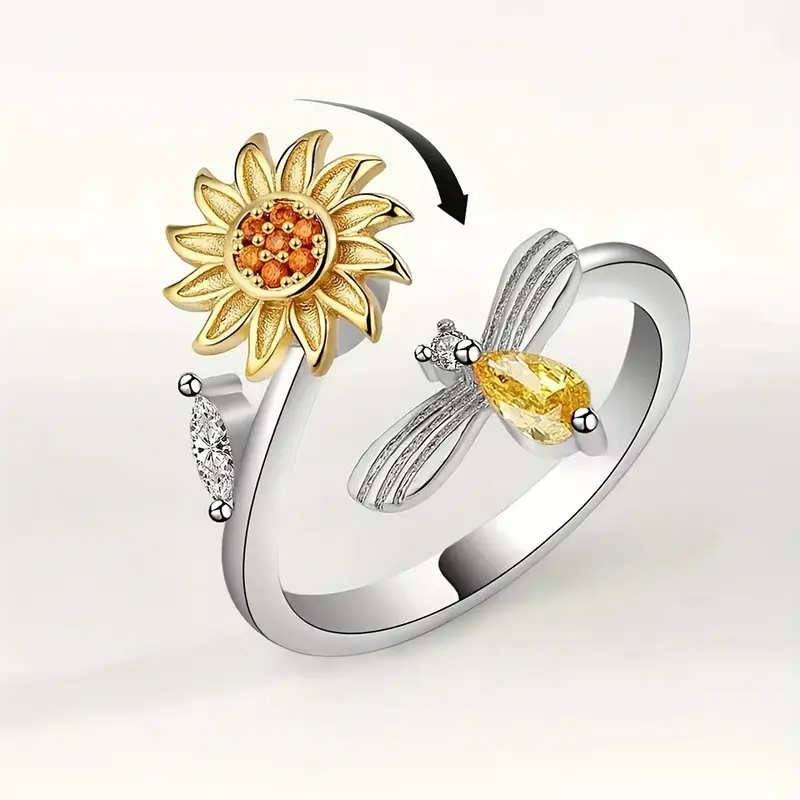 1pc pressure relieving copper micro inlaid rotating sunflower bee index finger ring festival gift for teenager Product details 1