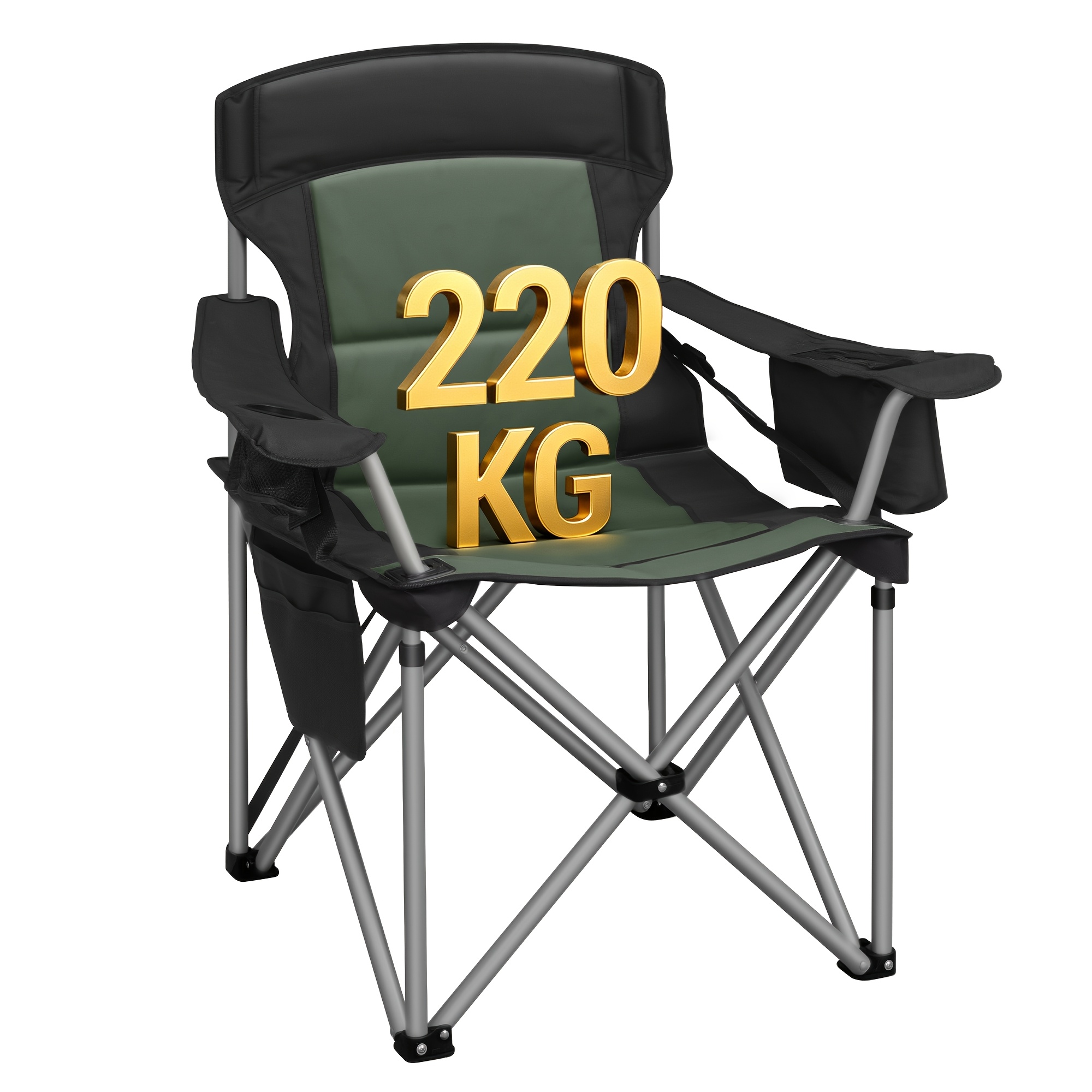 campingstuhl, 220 kg tragkraft, klappbarer campingstuhl mit kühltasche, getränkehalter, tragetasche, hohe rückenlehne, bequem gepolstert, angelstuhl, klappstuhl für garten, balkon, strand, schwarz grün/schwarz grau/schwarz orange