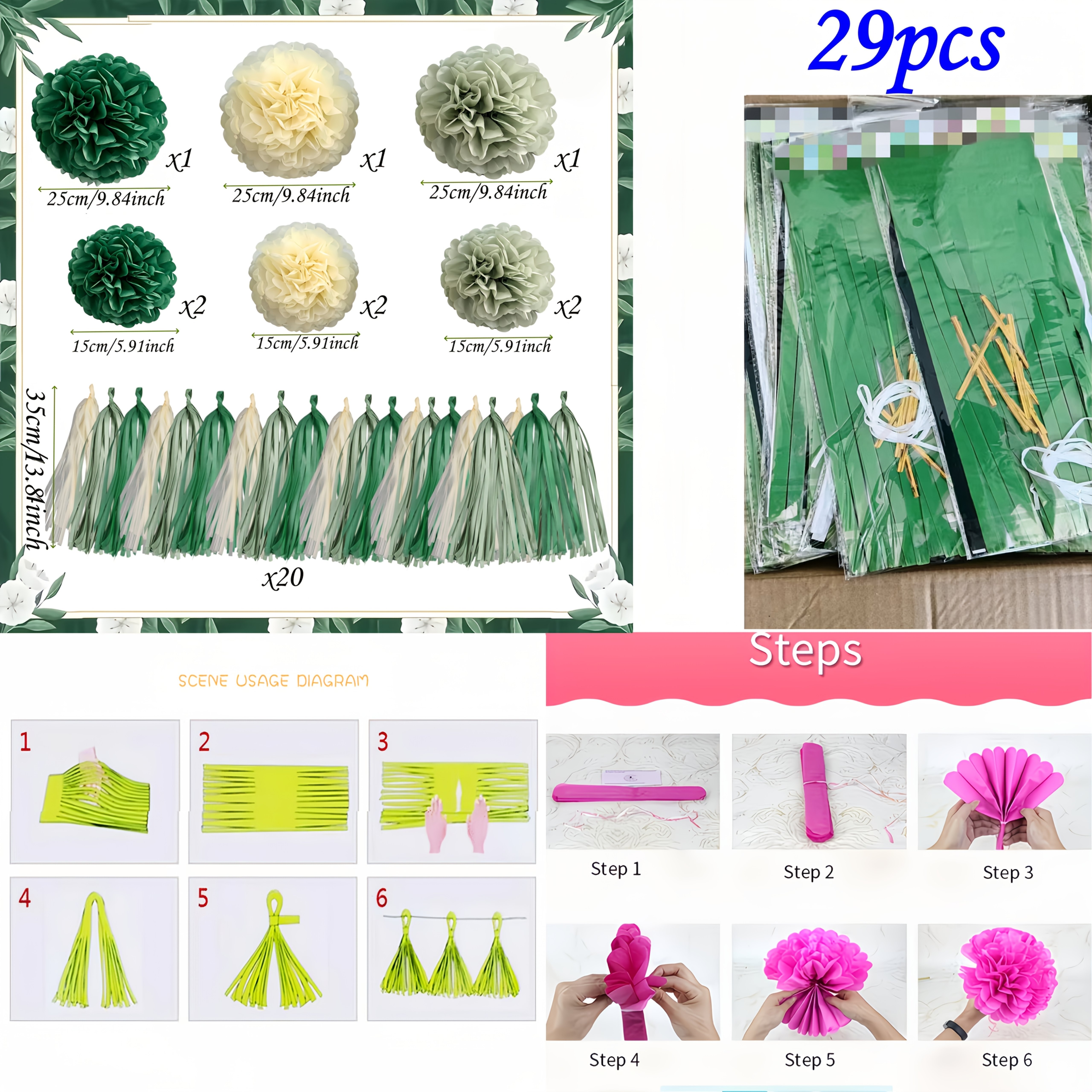 TEMU Set di 29 pompon di carta con nappe, serie , per Natale e Halloween, eleganti pompon a bolla di carta - verde scozzese e verde scuro + fiori di