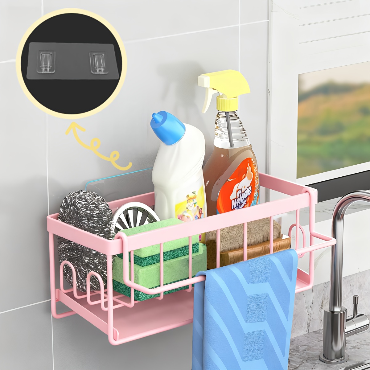 TEMU 1pc Sponge Holder For Kitchen Sink, No Drill Wall Mount With Adhesive Tape, Rustproof Carbon Steel, Sink Caddy For Sponges, Brushes, Dish Soap,