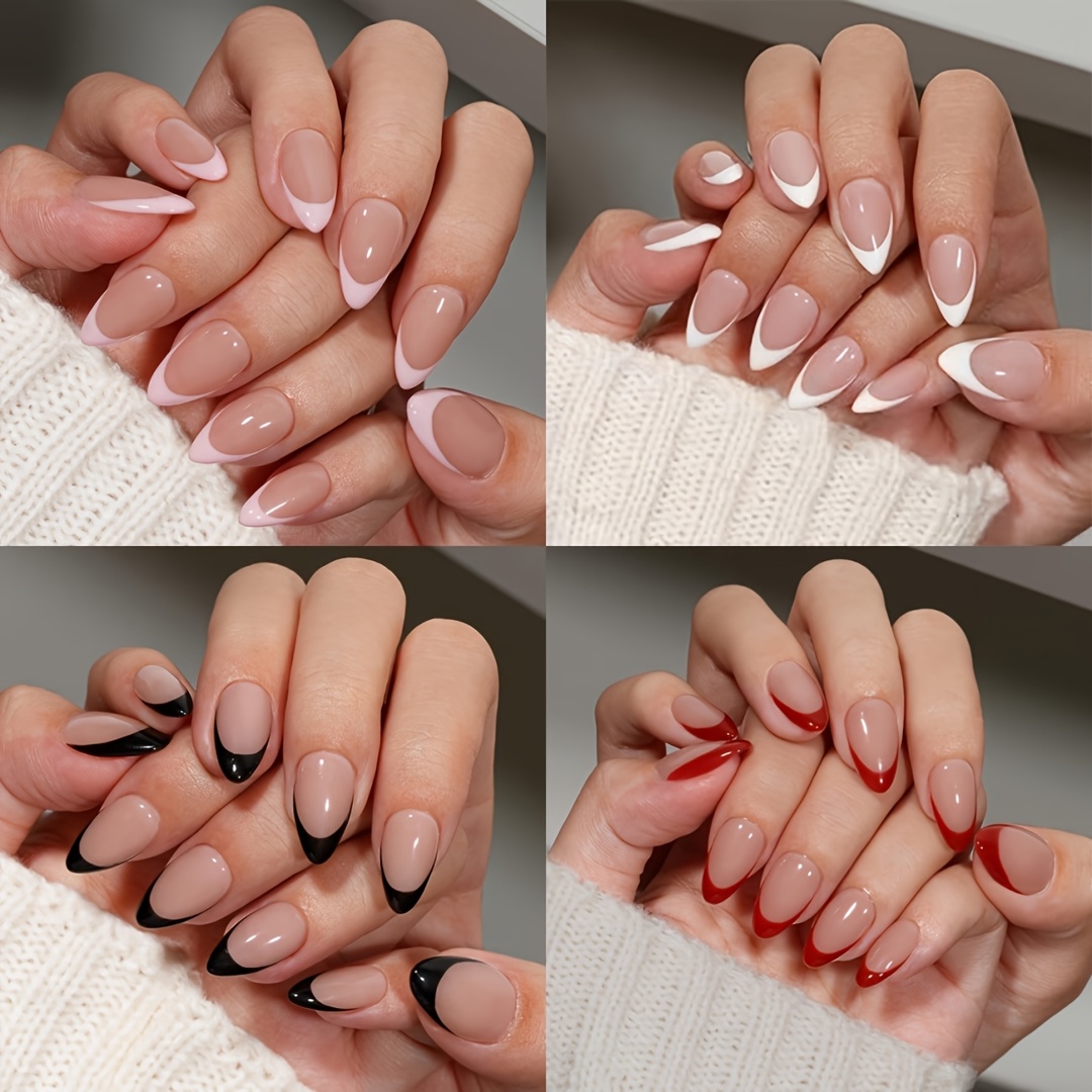 TEMU 120pcs Short Almond French Tip Press On Nails, White, Black, Red, Pink Fake Nails Set, In 15 Sizes, Easy Nail Decoration For Women's Holiday Parties, Reusable, Daily