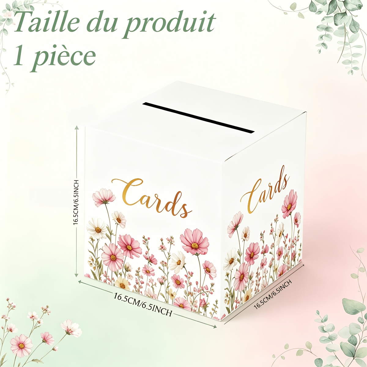 TEMU 1pc, Watercolor Pastoral Cube Greeting Card Storage Box, Print, Golden "cards" Font, Top Slot Design, Paper Card Storage Box, Suitable For