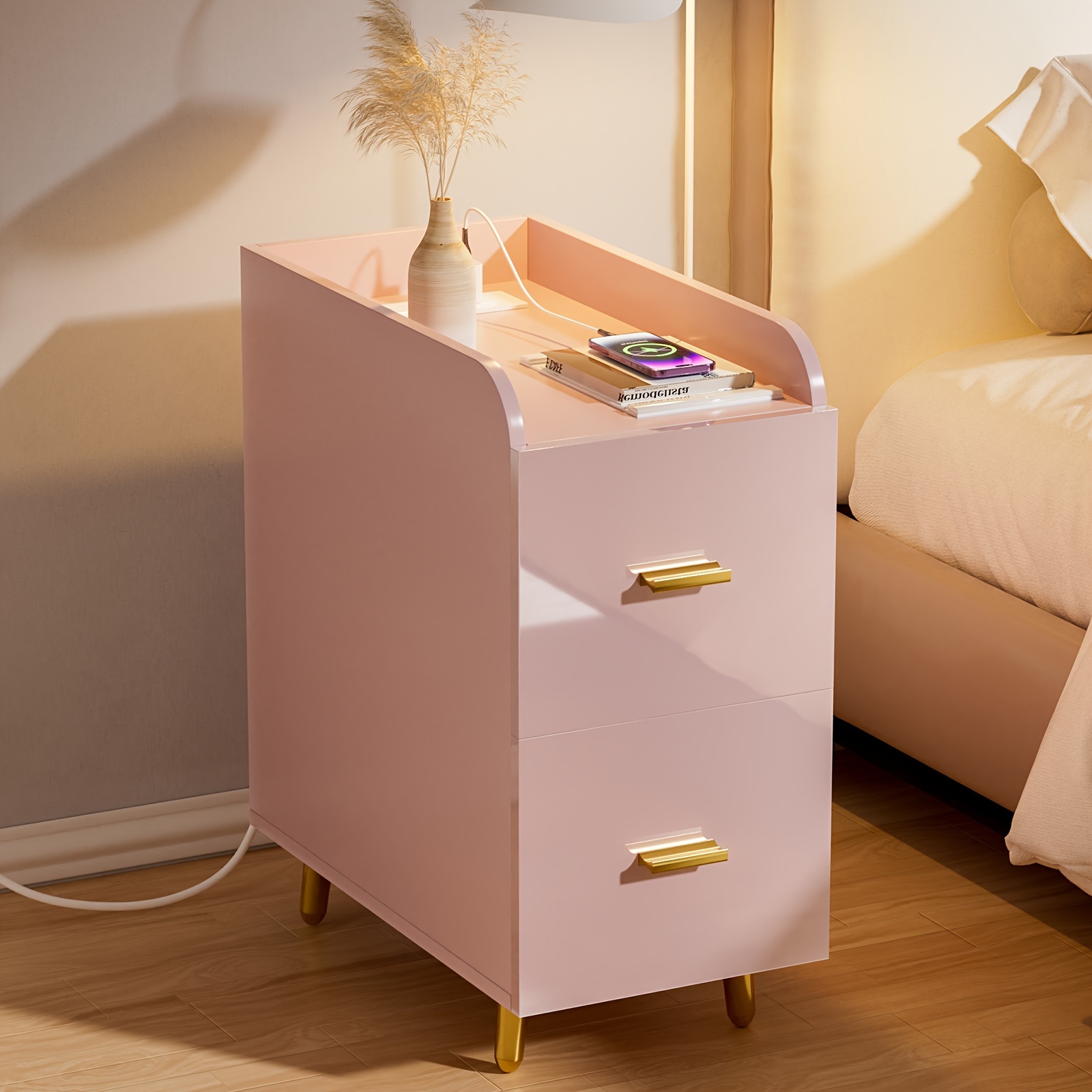 

Nightstand With Charging Station, Drawers & Back Shelf Stylish Modern Tall Narrow Bed Side End Table For Bedroom & Living Room, Black Nightstand Pink Nightstand