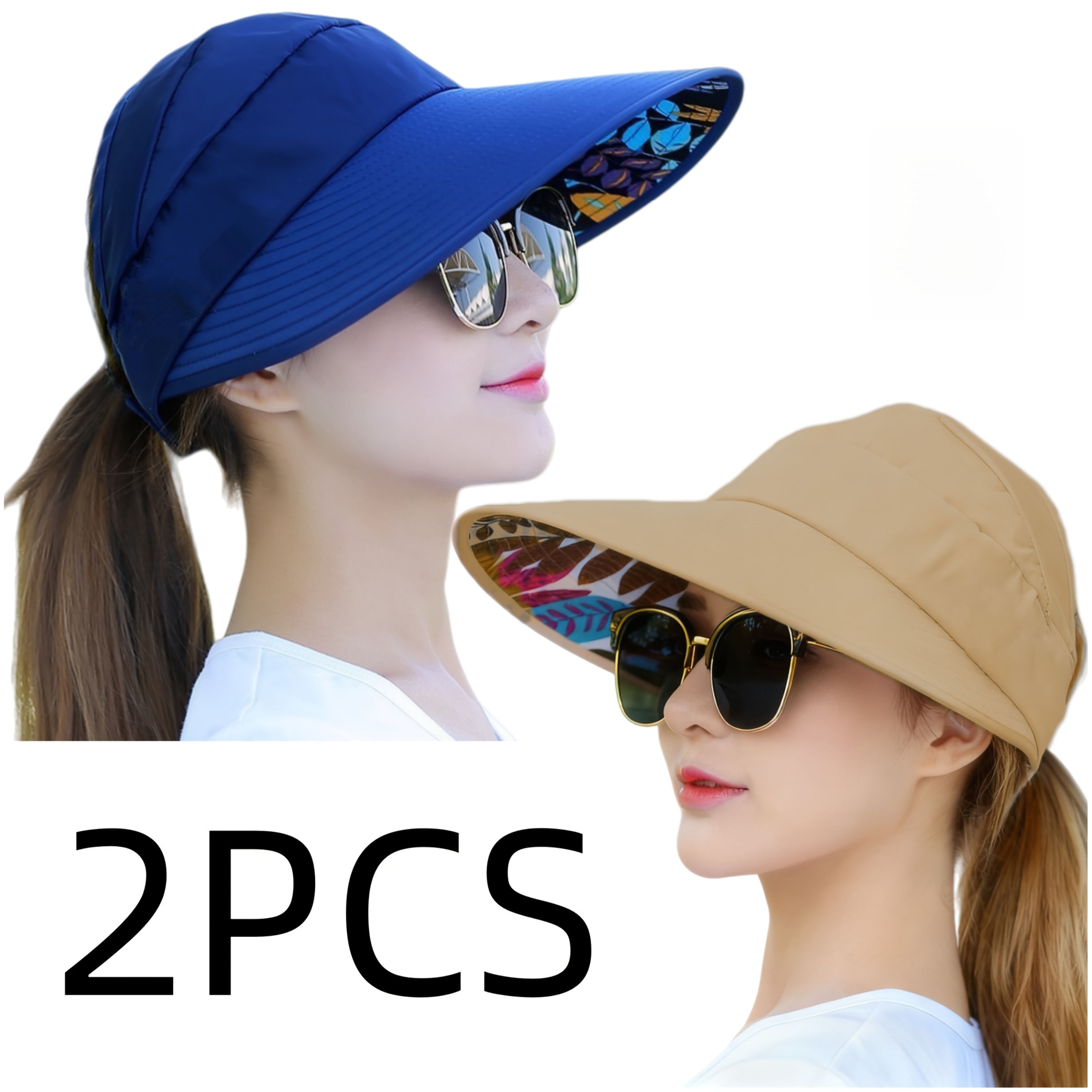 TEMU 2pcs Oversized Brim Solid Color Sun Hats, Sun Protection Hats, Casual Hats, Outdoor Hats, Travel Hats With Adjustable Buckle And Ponytail Hole,