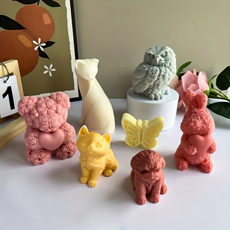 

1 Set Of 7 Molds Caring Rabbit Caring Bear Looking Up Kitten Teddy Dog Butterfly Owl Kitten Candle Mold Diy Aromatherapy Hand Soap Drop Glue Plaster Silicone Mold