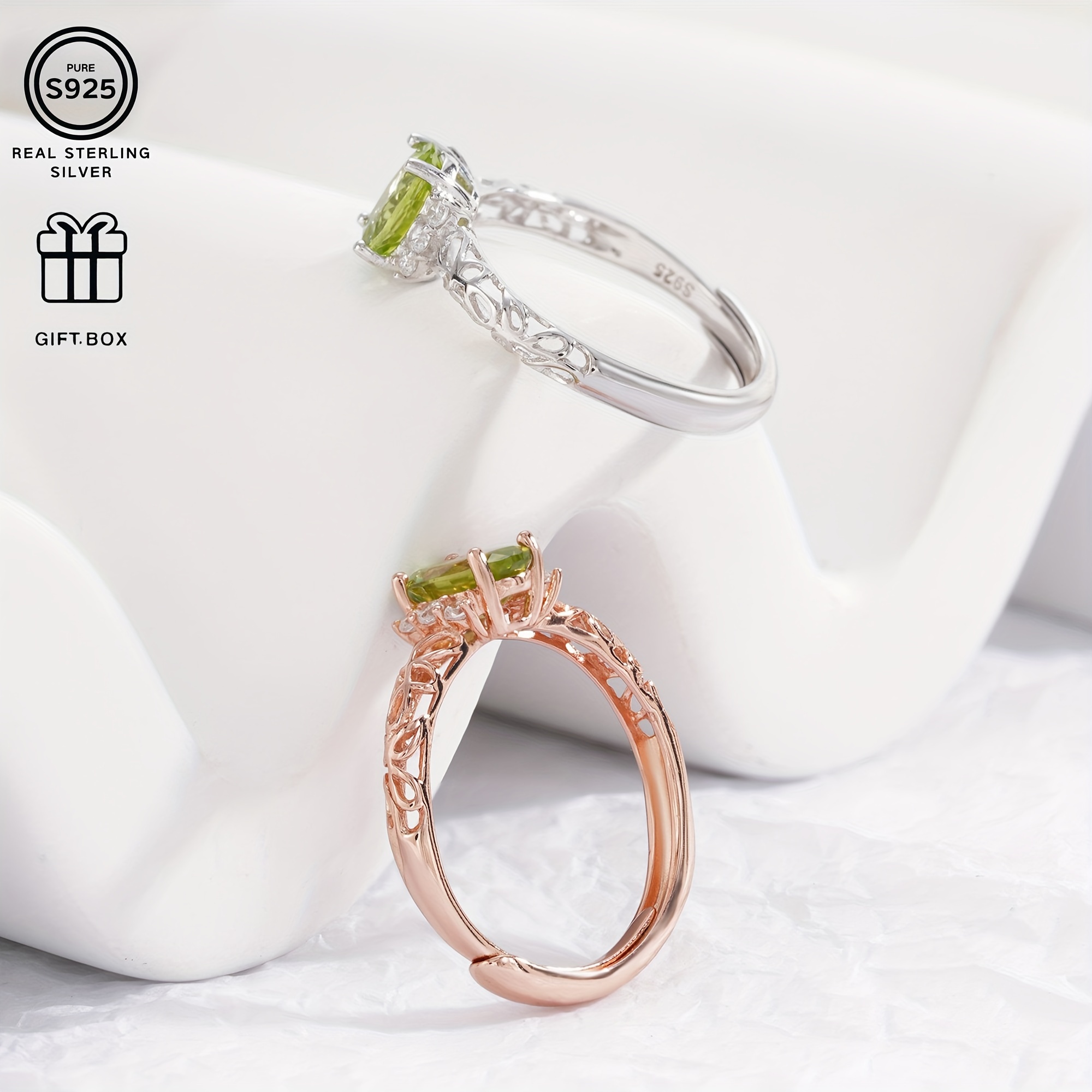 925 Silver Ring w/ Natural Gemstone Plated Hollow Pattern Lightweight