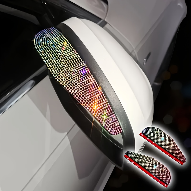 TEMU 2pcs Set Of Shiny Car Rearview Mirror Rain Deflectors - Reflective Rhinestone Design, Durable Plastic For Left Side, Enhancing Visibility And
