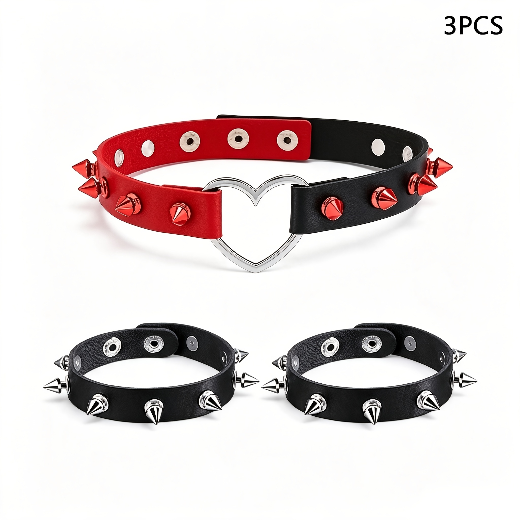 TEMU 3pcs Punk Style Studded Collar And Bracelets Set Sweet Cool Y2k Heart Buckle Faux Leather Choker Trendy Gothic Additions